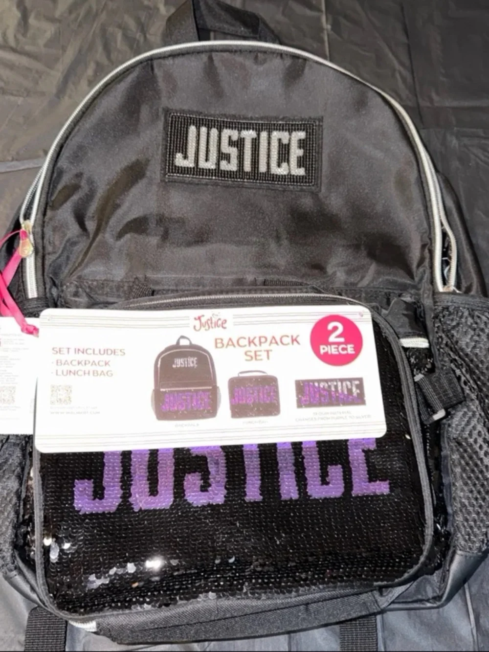 Justice Girls Black Sequin Backpack & Lunch Bag 2 Piece Set, School Bookbag